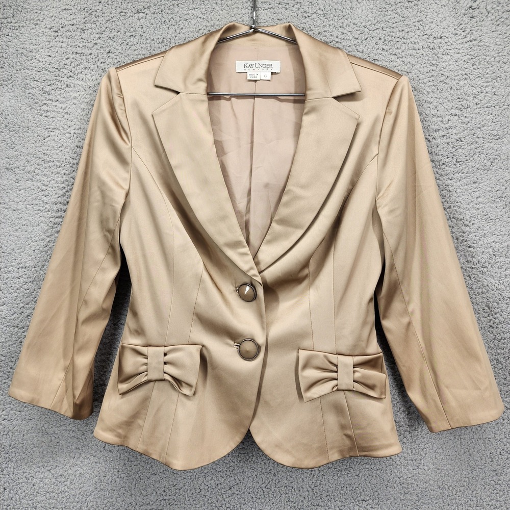 Kay Unger New York Champagne Gold Satin Bow‎ Blazer Jacket 3/4 Sleeve Womens 6